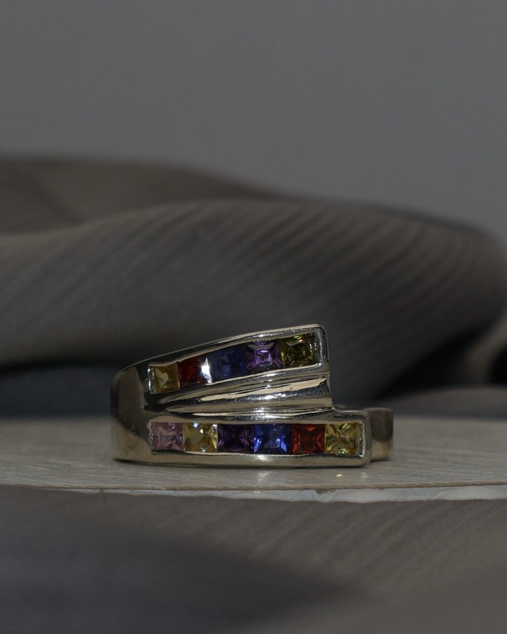 Multicolor Stones Sterling Silver Ring 8.4G / Sz8